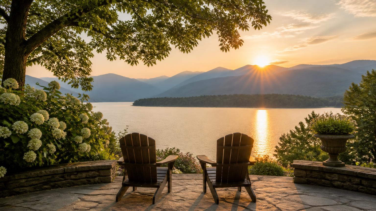 Two wooden chairs overlooking a mountain lake at sunrise