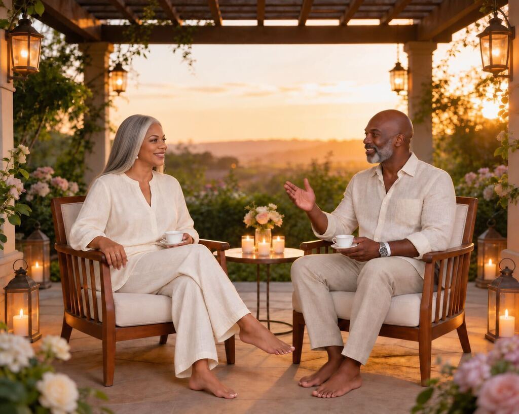 Two people in light linen attire seated in wooden chairs on a lantern-lit patio at sunset, sharing tea and conversation beneath a pergola